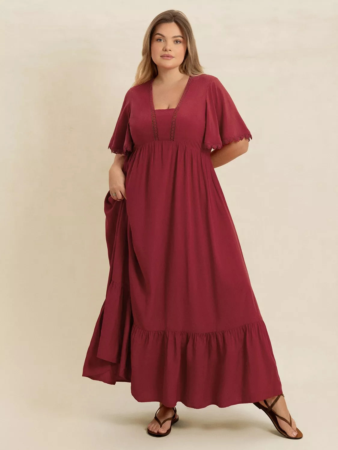 Plus Size Lace Detail Flutter Sleeve Maxi Dress 