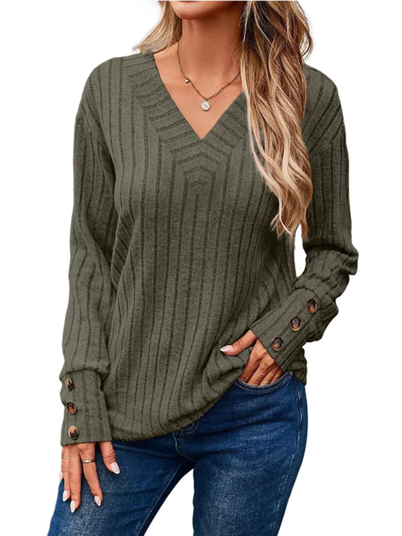 Ribbed V-Neck Long Sleeve Top 