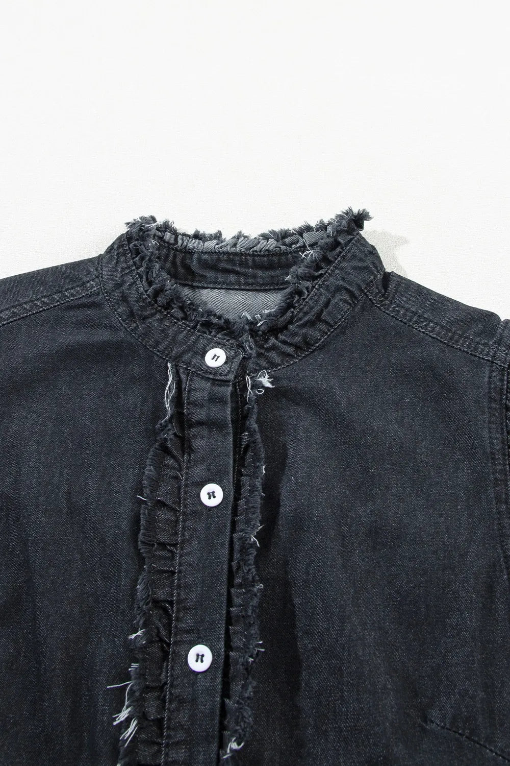 Button Down Raw Hem Ruffled Denim Shirt 