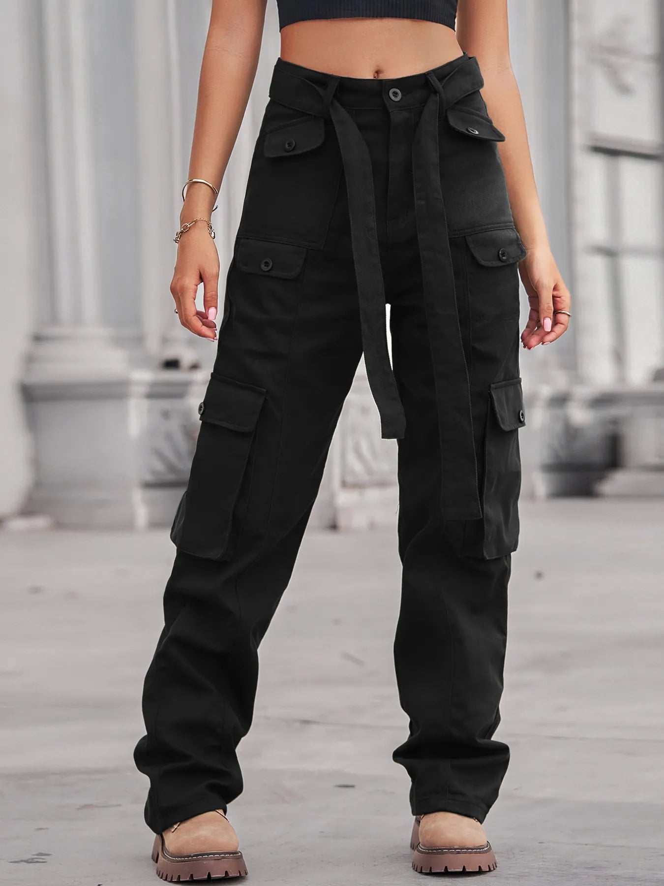 High-Waisted Multi-Pocket Cargo Jeans 