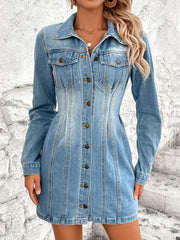 Pocketed Button Up Long Sleeve Denim Dress 