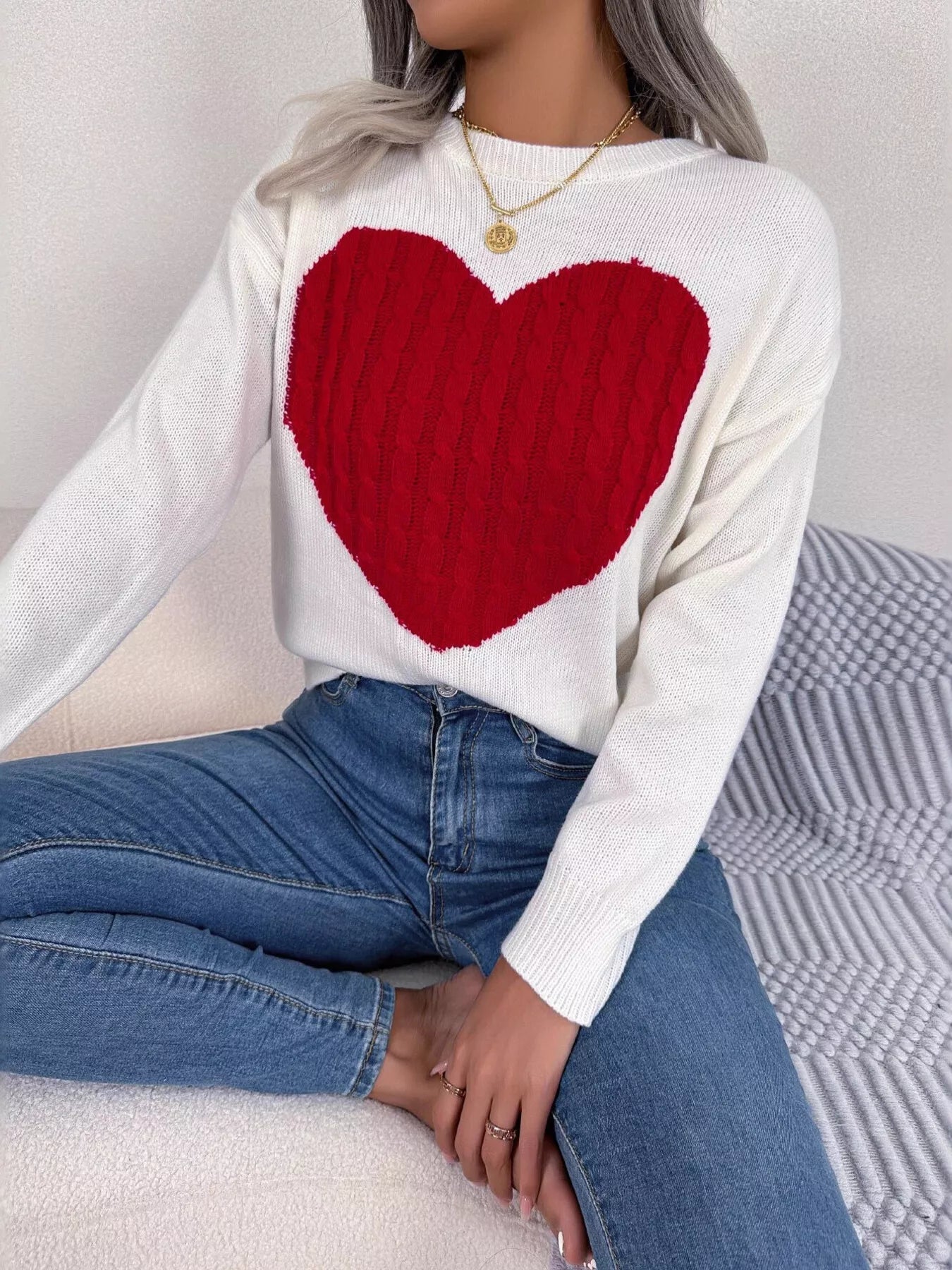 Cable Knit Heart Round Neck Sweater 