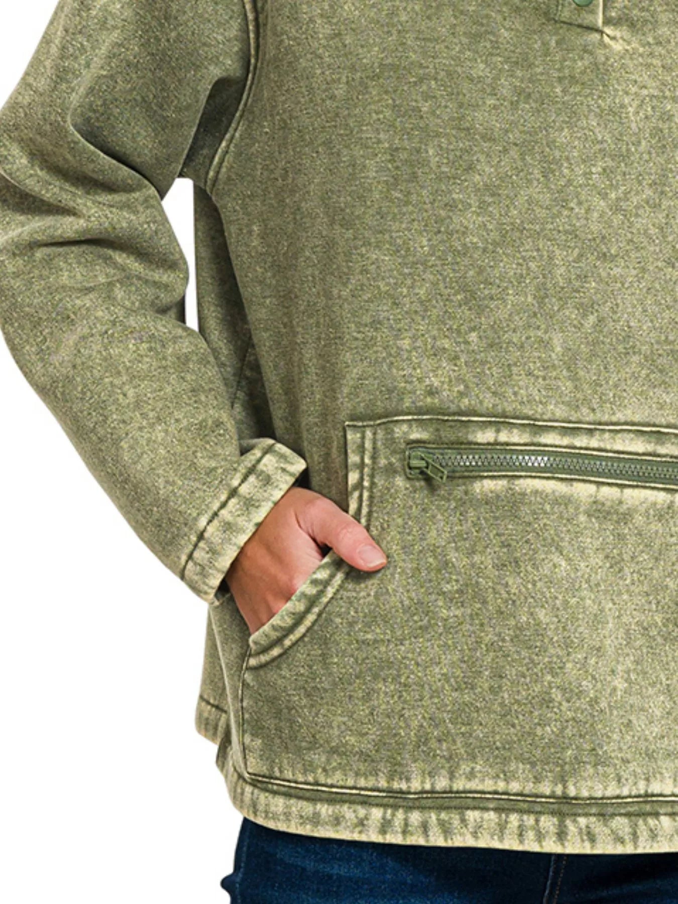 Zenana Fleece Washed High Neck Kangaroo Pocket Sweatshirt 