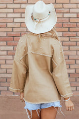 Raw Hem Pearl Trim Dropped Shoulder Denim Jacket 