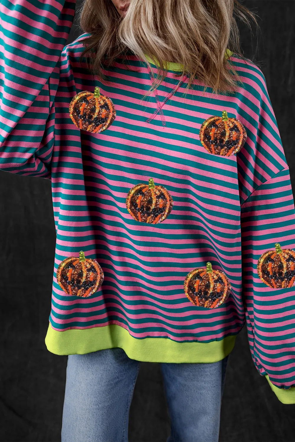Pumpkin Striped Round Neck Long Sleeve Sweatshirt 