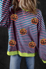 Pumpkin Striped Round Neck Long Sleeve Sweatshirt 