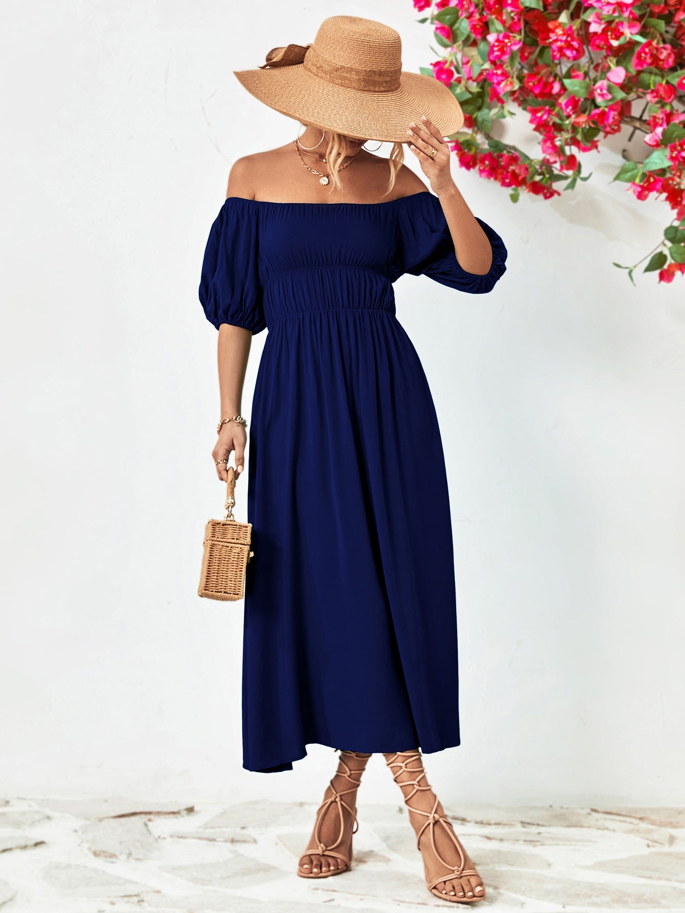 Off-Shoulder Balloon Sleeve Midi Dress 