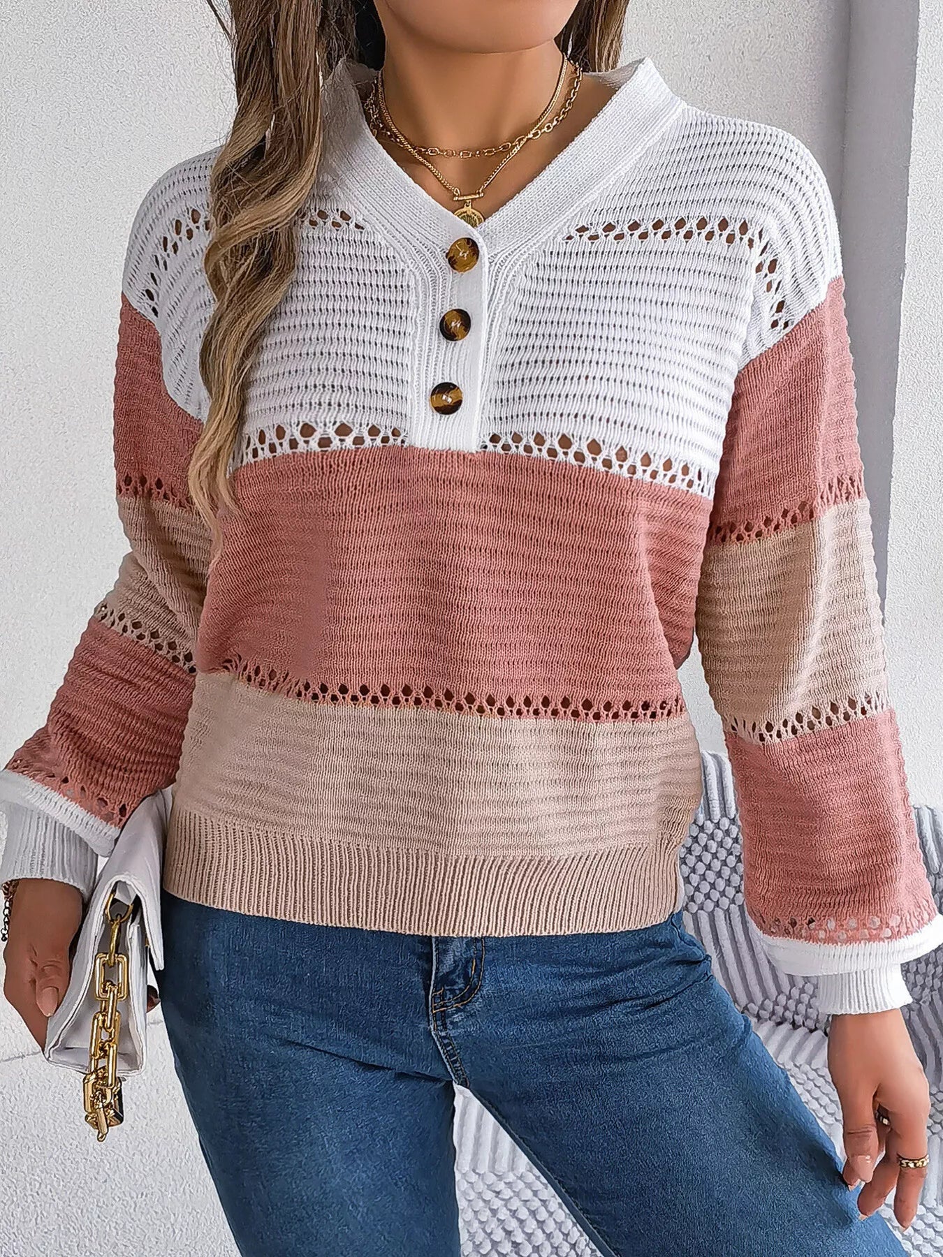 Color Block Striped V-Neck Button Detail Sweater 