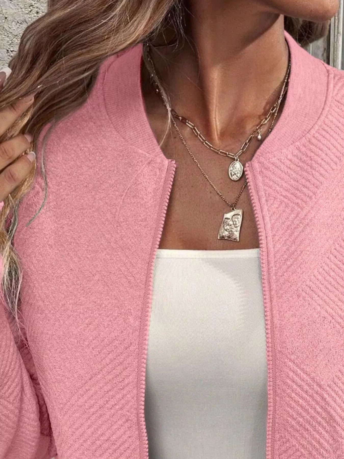 Full Size Zip Up Long Sleeve Textured Jacket Plus Size 