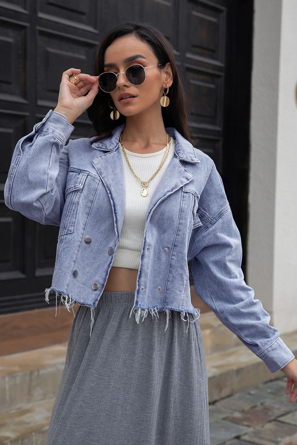 Lapel Collar Long Sleeve Denim Jacket 