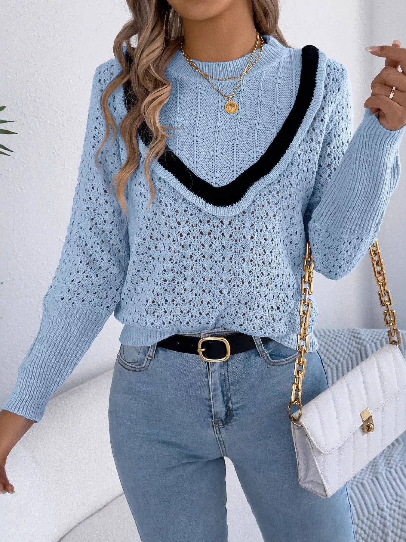 Hollow-Out Knit Top with Contrast Trim 