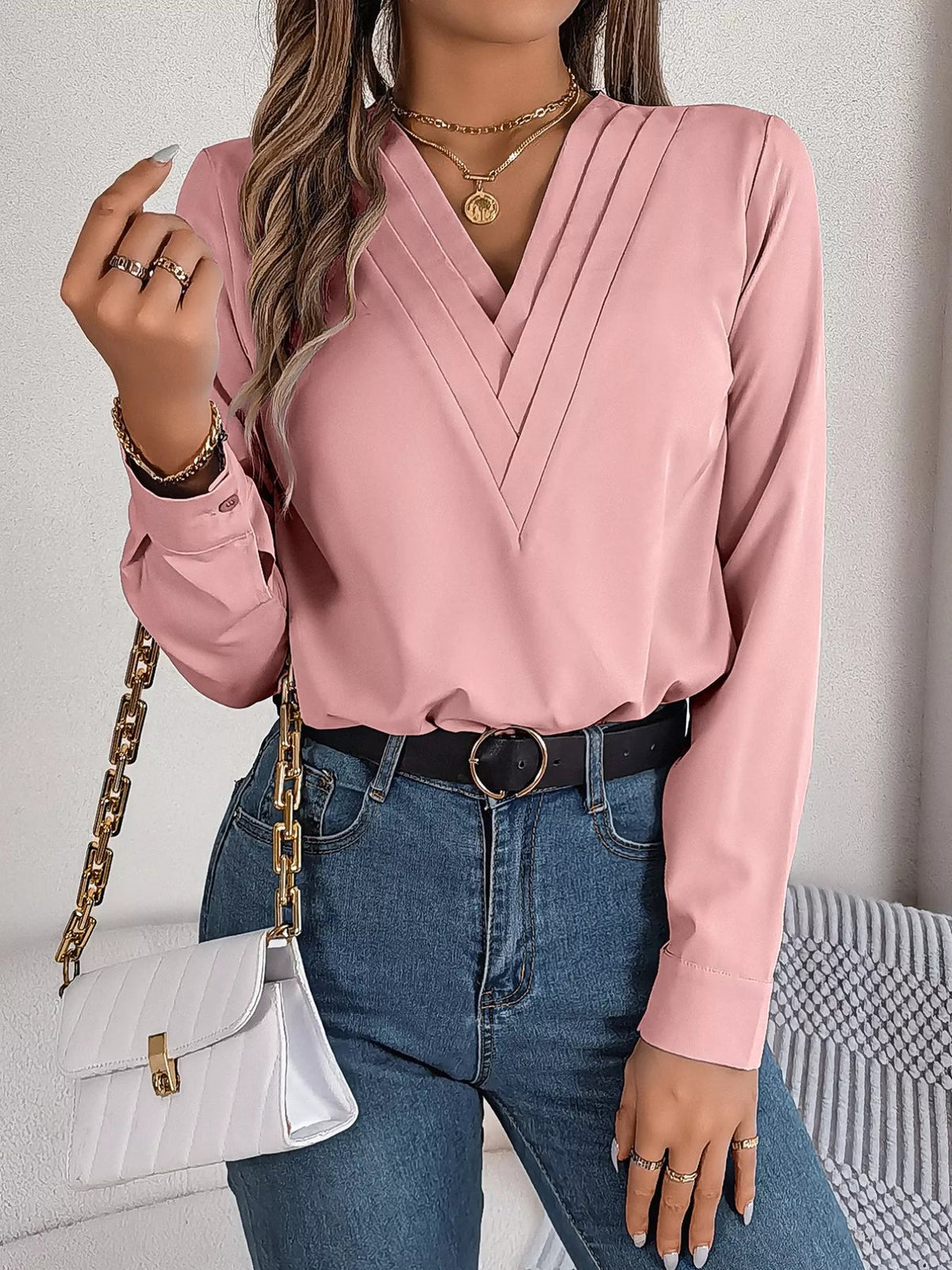 Layered V-Neck Long Sleeve Blouse 