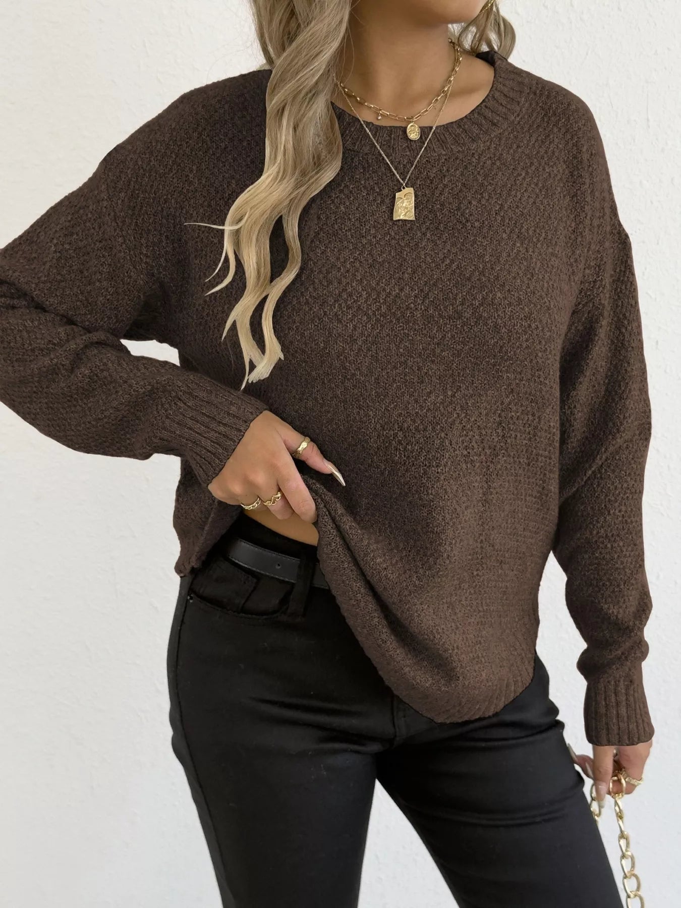 Textured Knit Relaxed Fit Round Neck Sweater 