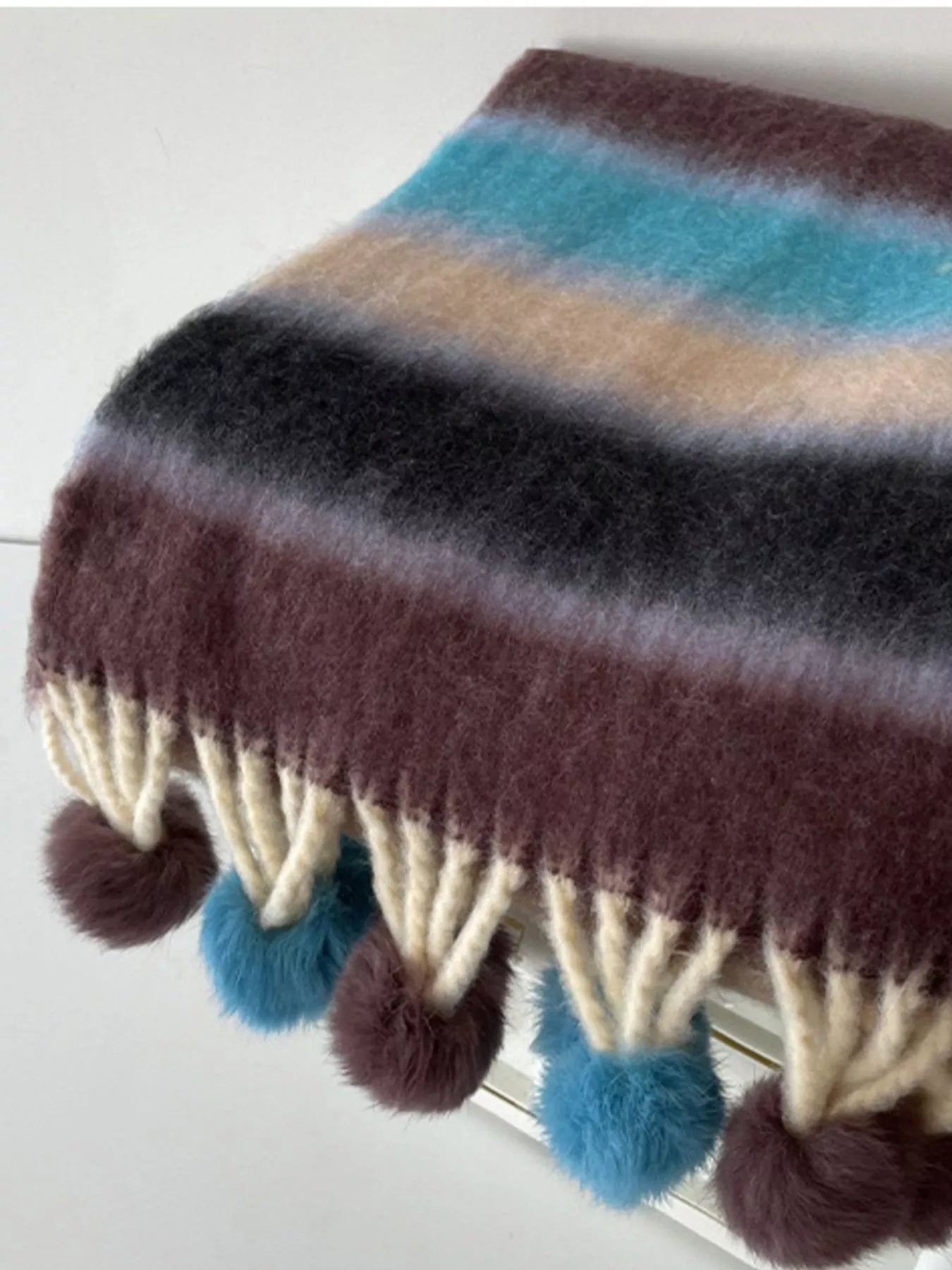 Rainbow Striped Fuzzy Scarf with Pom-Poms 