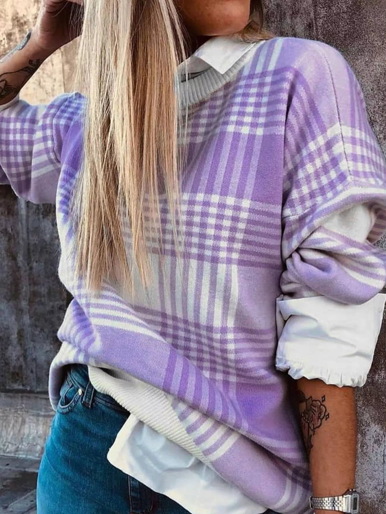 Plaid Round Neck Long Sleeve Sweater 