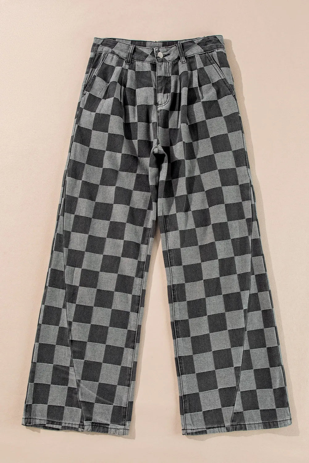 Checkered Wide Leg Jeans with Pockets 
