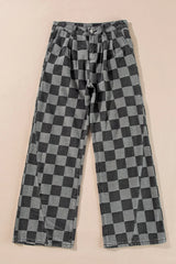 Checkered Wide Leg Jeans with Pockets 
