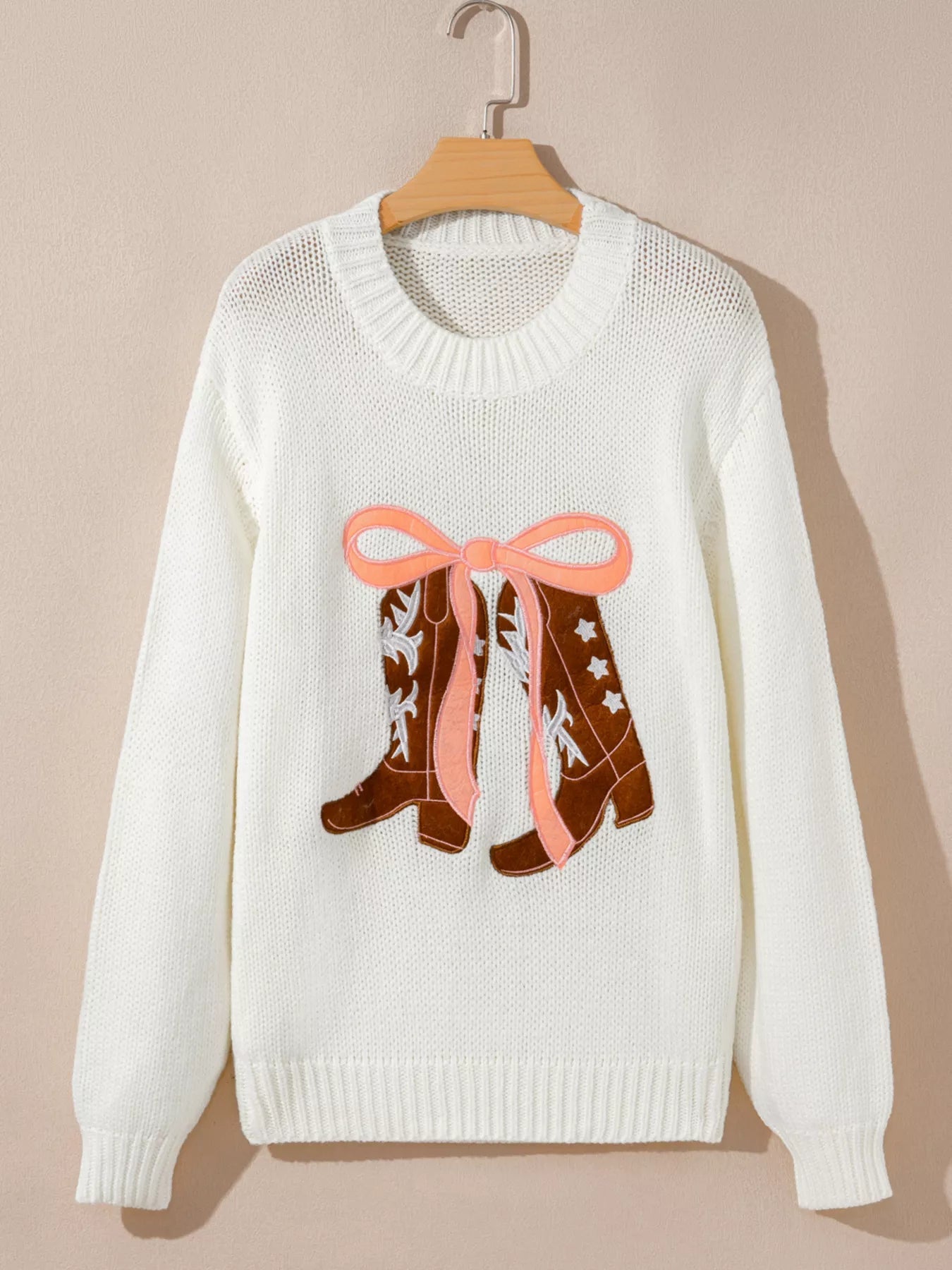 Embroidered Bow Boots Graphic Drop Shoulder Sweater 