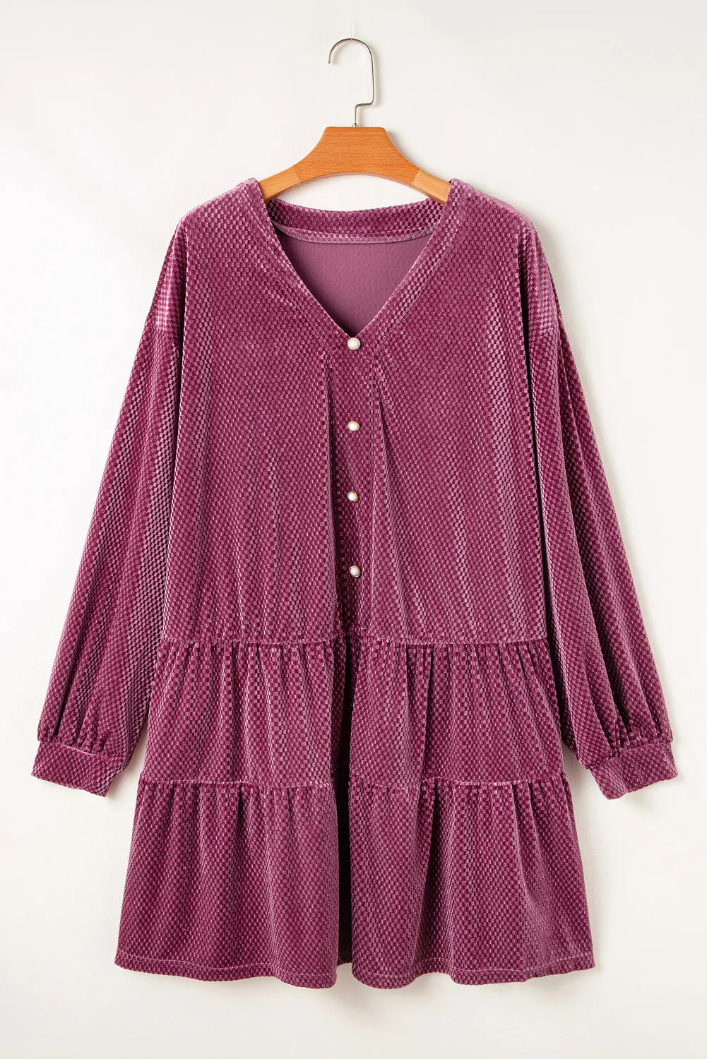 Plus Size Textured Velvet Decorative Button Long Sleeve Dress 