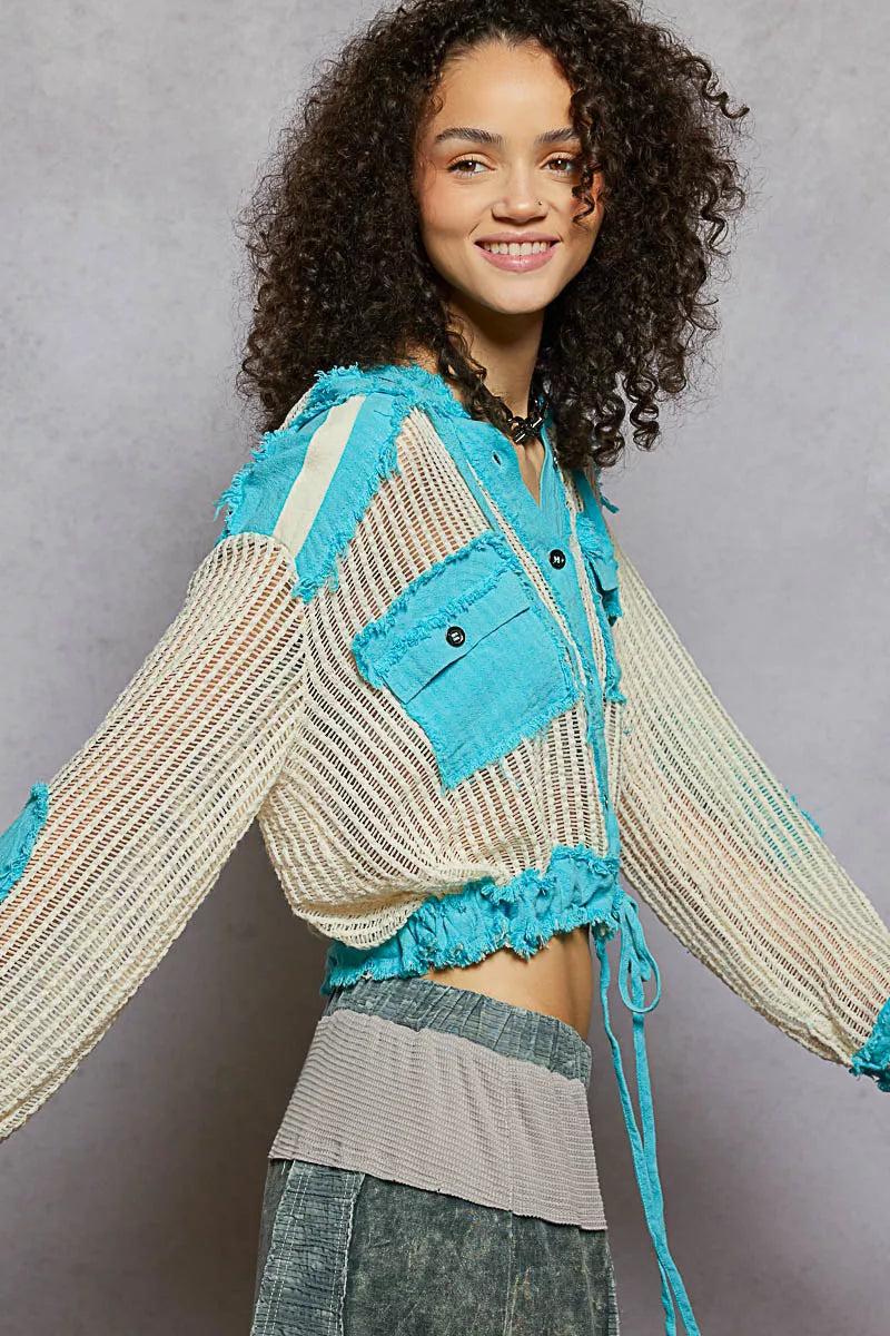 POL Texture Woven Button Down Hooded Shirt with Drawstring Hem 