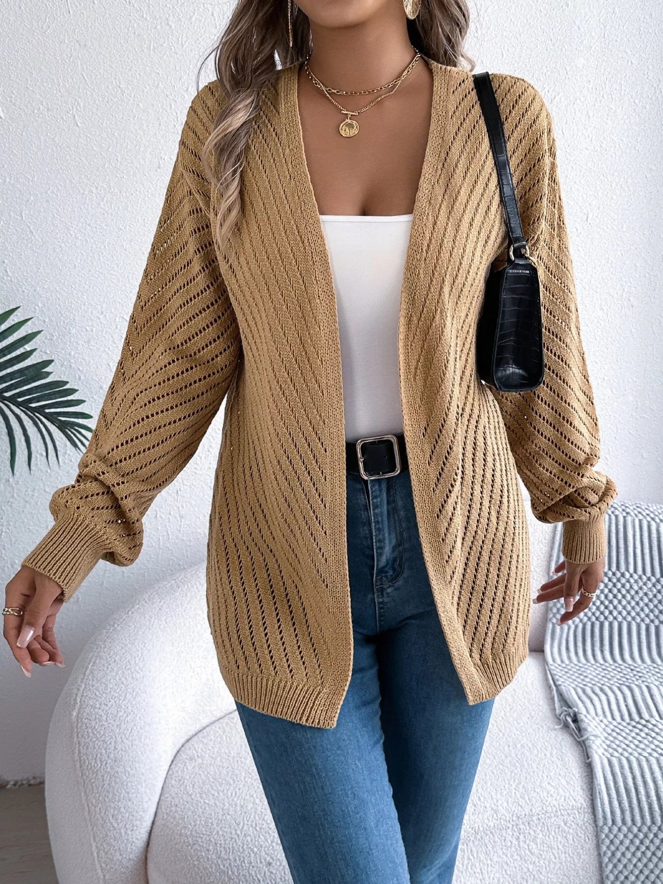 Openwork Open-Front Long Sleeve Cardigan 