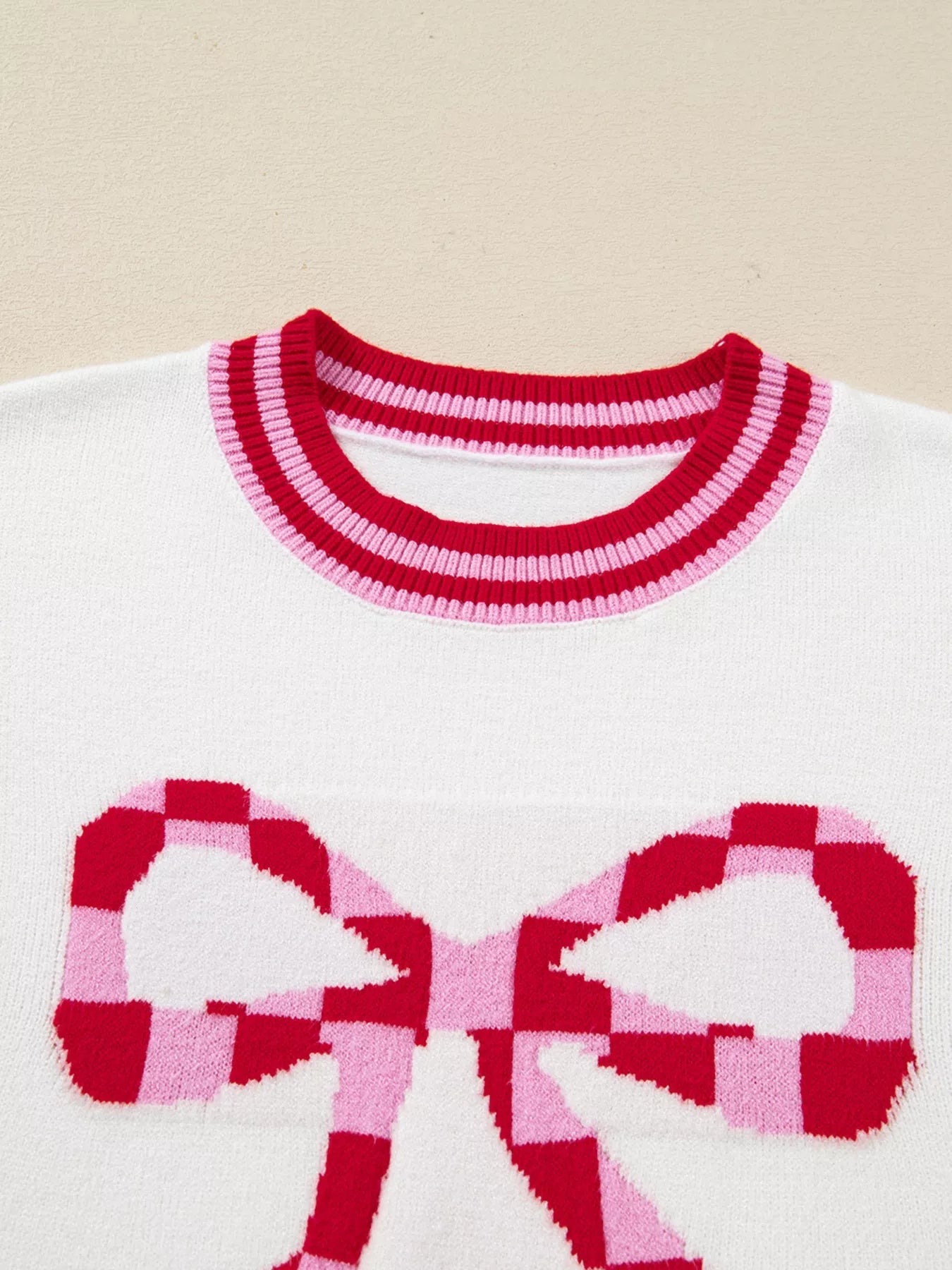 Striped Trim Bow Graphic Round Neck Drop Shoulder Sweater 