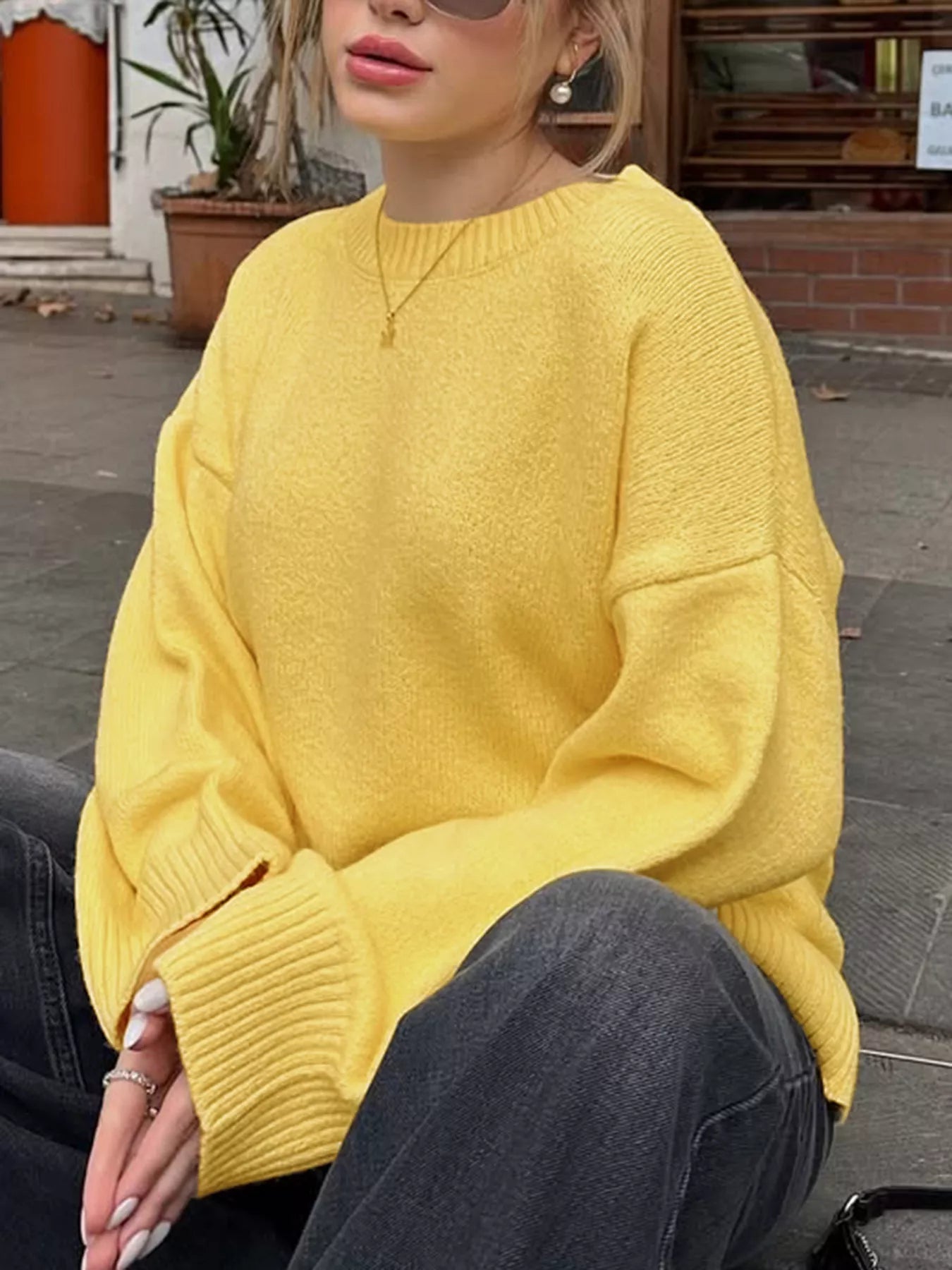 Ribbed Round Neck Dropped Shoulder Sweater 