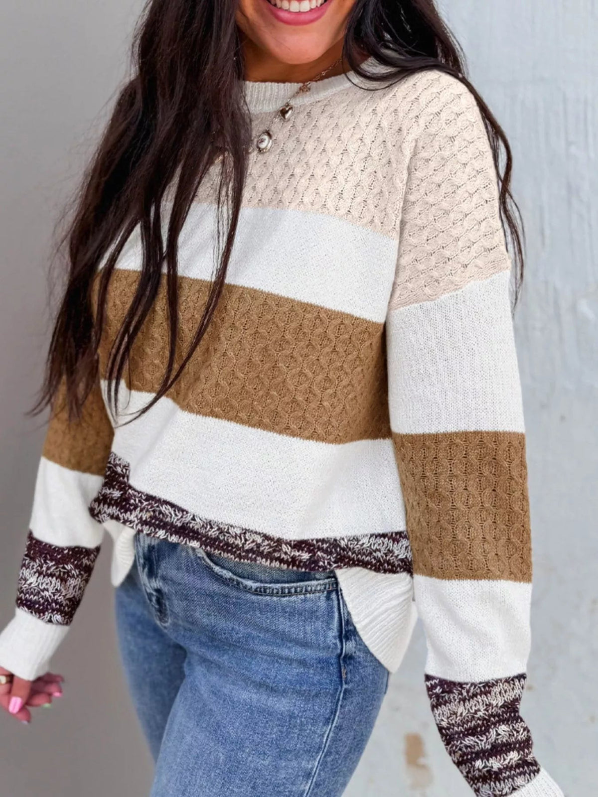 Mixed Texture Knit Striped Color Block Loose Sweater 
