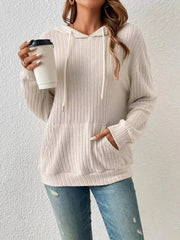 Casual Ribbed Knit Drawstring Hoodie 