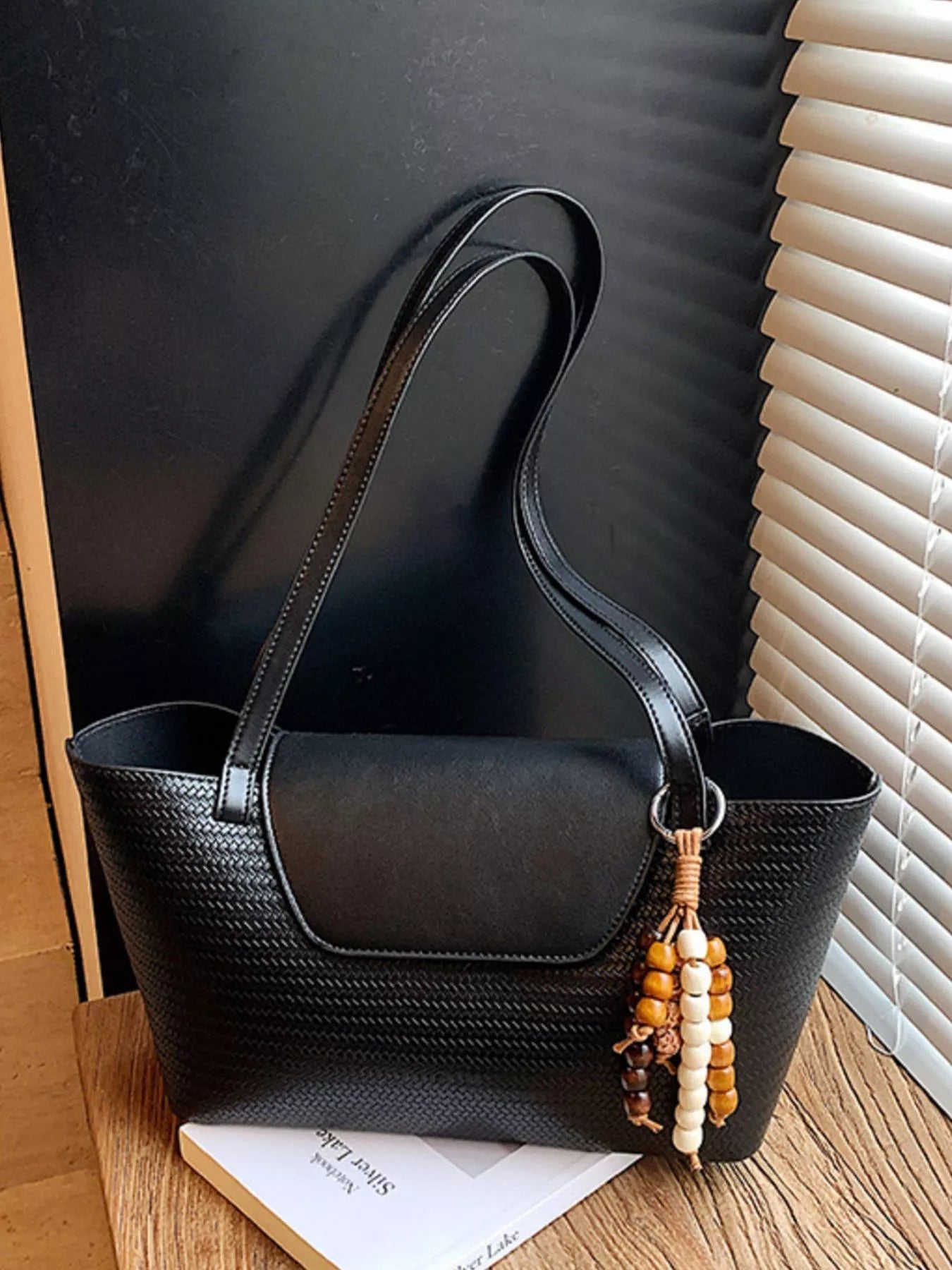 Texture Tote Bag with Beaded Charm 