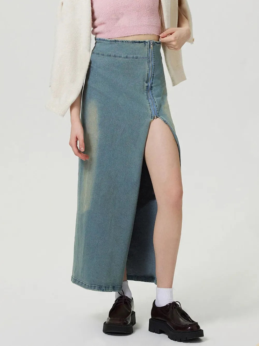 Slit Denim Skirt with Zip 
