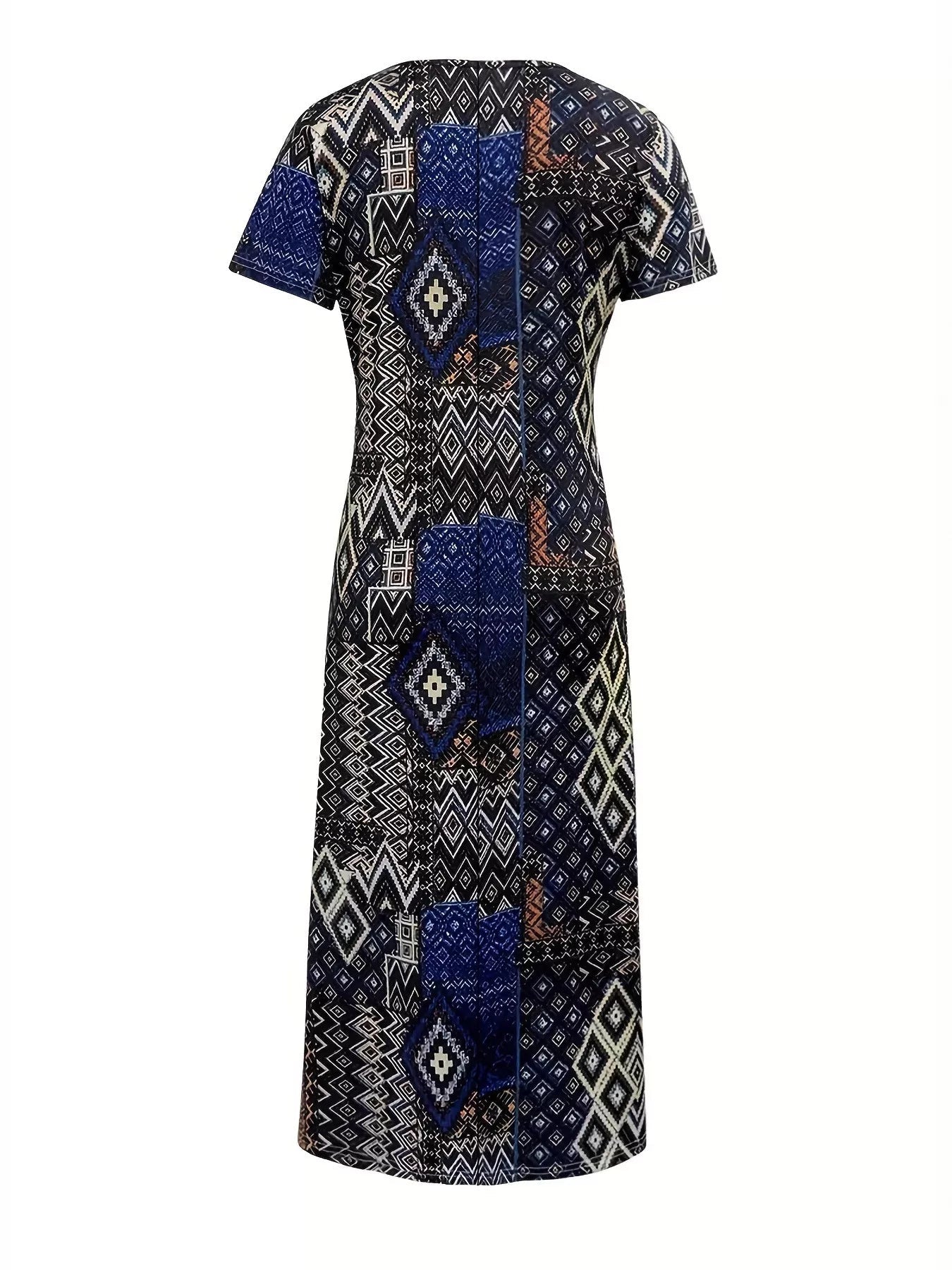Plus Size Geometric Print V-Neck Short Sleeve Dress 