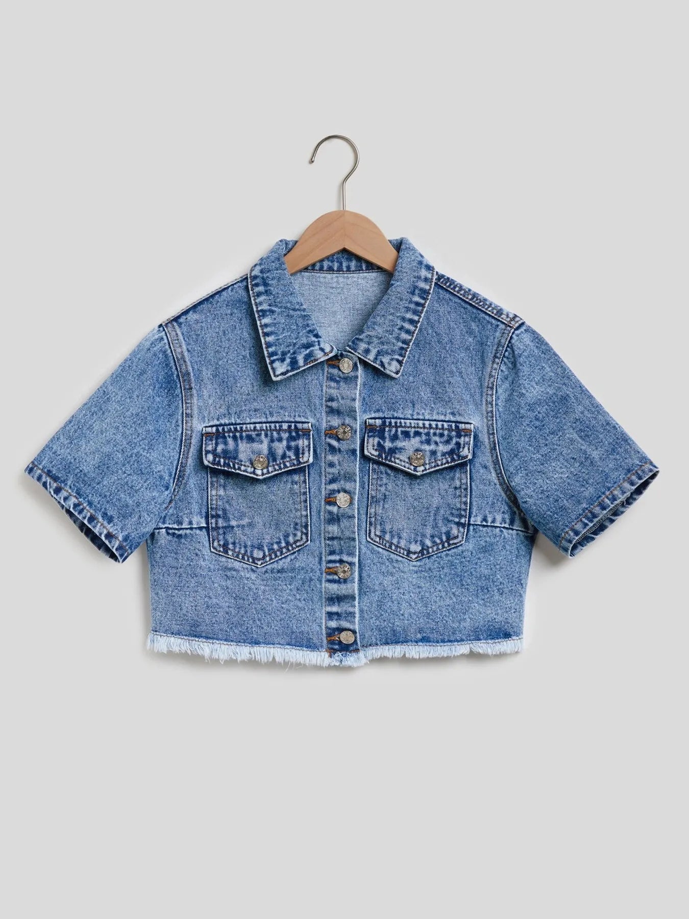Cropped Short Sleeve Denim Jacket with Frayed Hem 