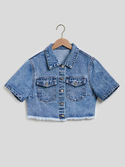 Cropped Short Sleeve Denim Jacket with Frayed Hem 