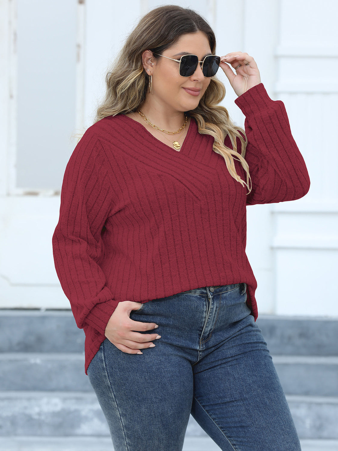 Plus Size Ribbed V-Neck Long Sleeve Top 