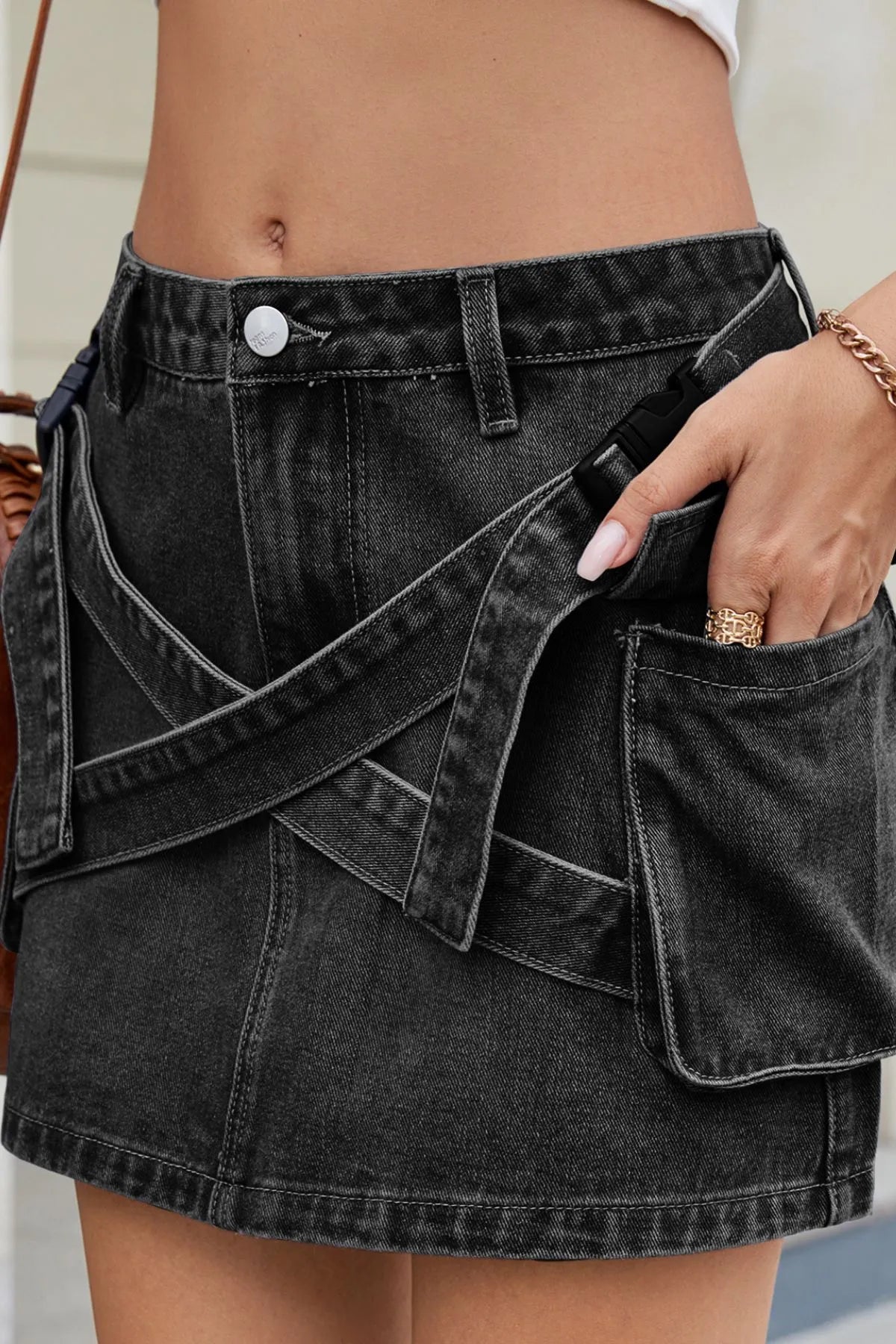 Criss-Cross Waist Detail Denim Mini Skirt 
