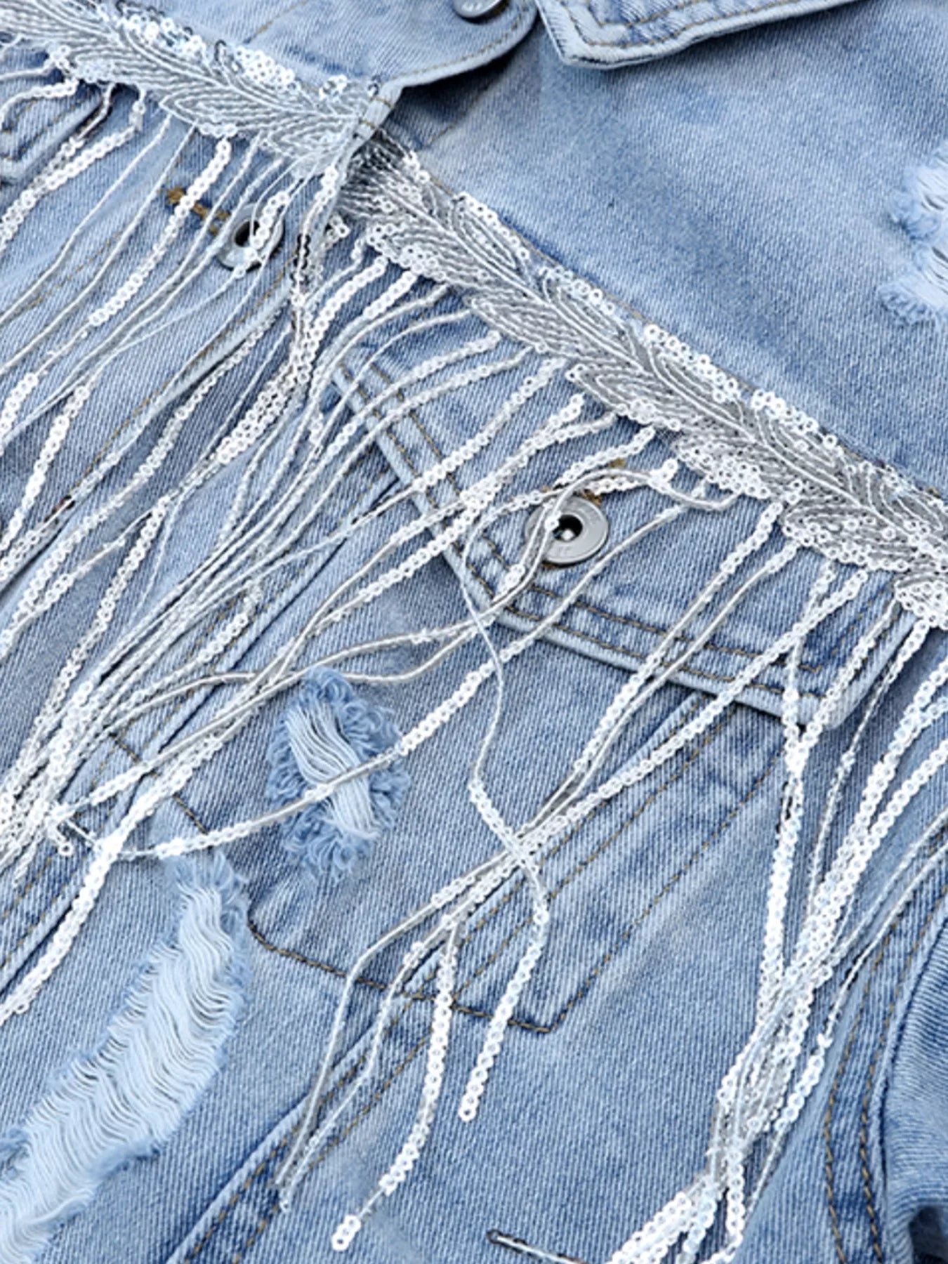 Fringed Sequin Embellished Denim Jacket 