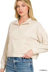 Zenana Scuba Half Zip Pullover With Kangaroo Pockets 