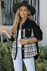 Plaid Pocketed Button Up Denim Jacket 