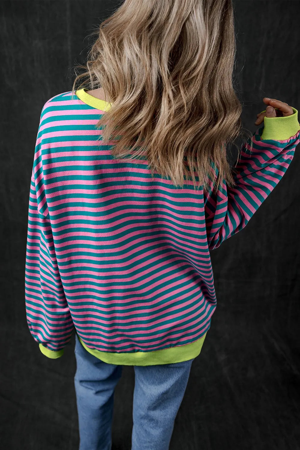 Pumpkin Striped Round Neck Long Sleeve Sweatshirt 