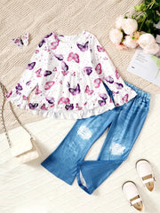 Children's Butterfly Print Top and Flare Pants Set 