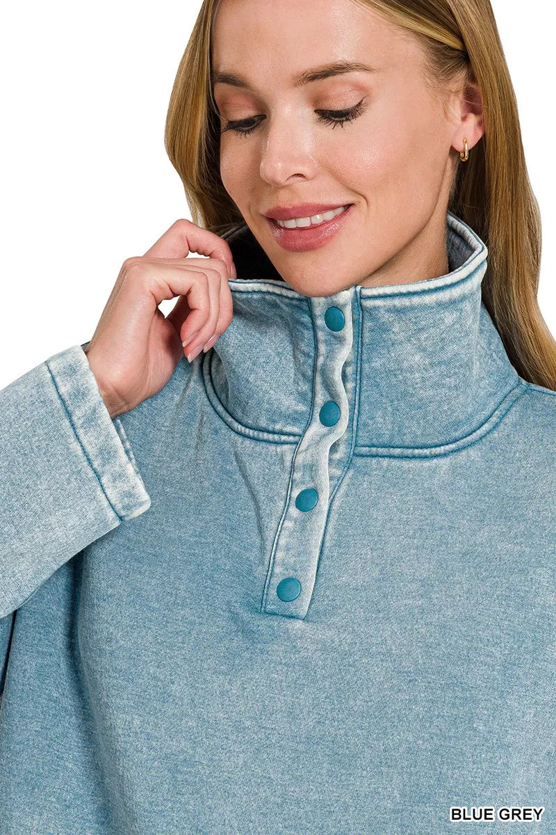 Zenana Fleece Washed High Neck Kangaroo Pocket Sweatshirt 