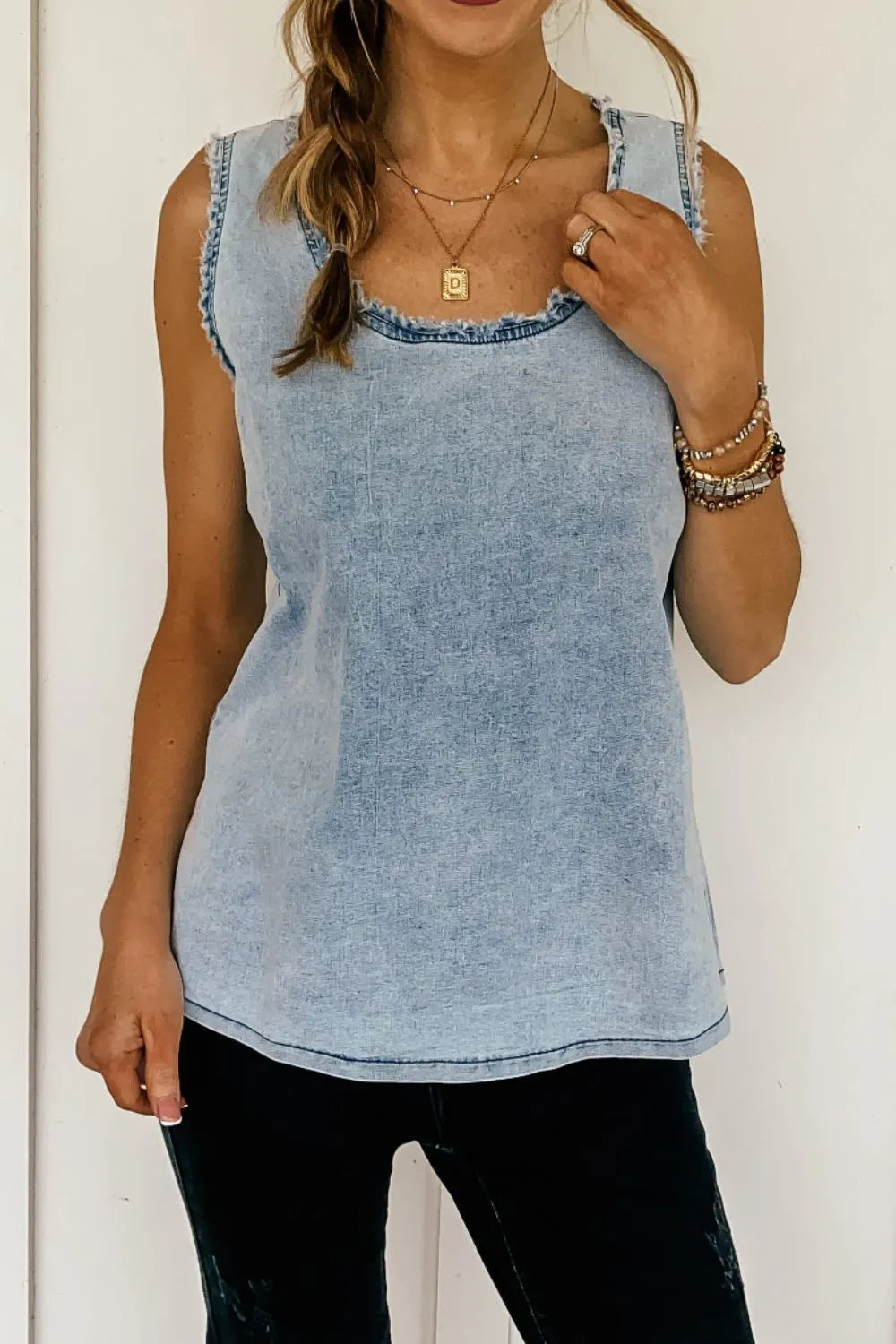 Mineral Wash Denim Frayed U Neck Sleeveless Top 