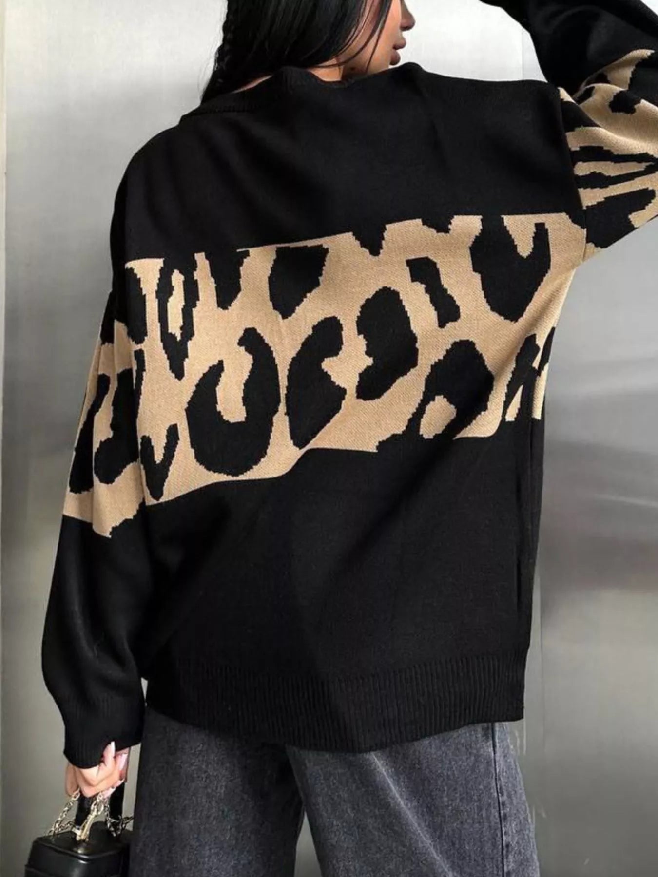 Leopard Color Block Round Neck Sweater 