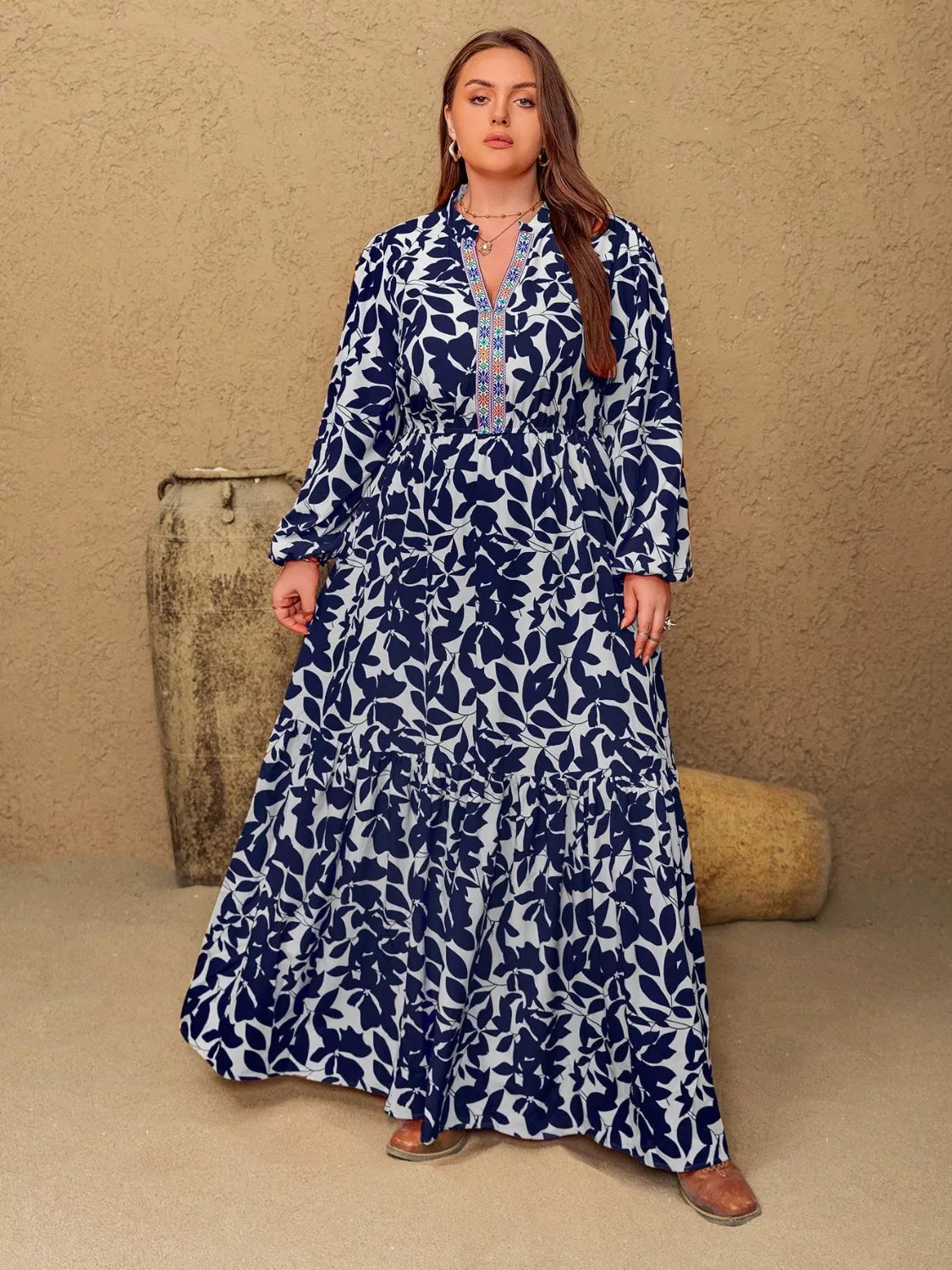 Plus Size Floral Print Notched Long Sleeve Maxi Dress 