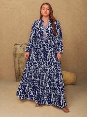 Plus Size Floral Print Notched Long Sleeve Maxi Dress 