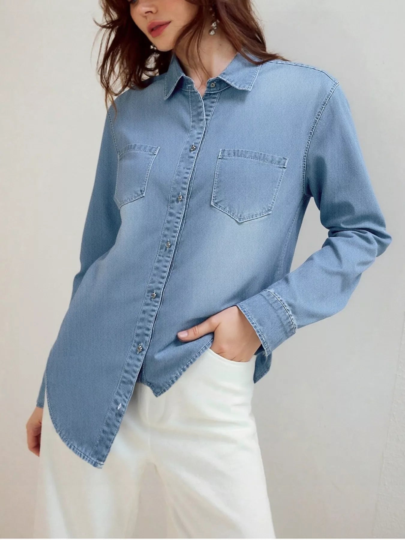 Full Size Button-Up Long Sleeve Denim Shirt Plus Size 