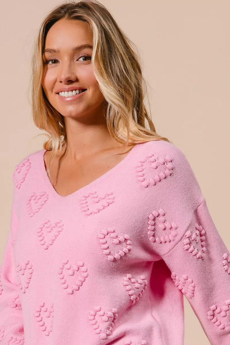 BiBi Valentines Heart Pompom V Neck Knit Top 