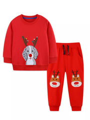 Children's Christmas Dog & Reindeer Round Neck Outfit Set 