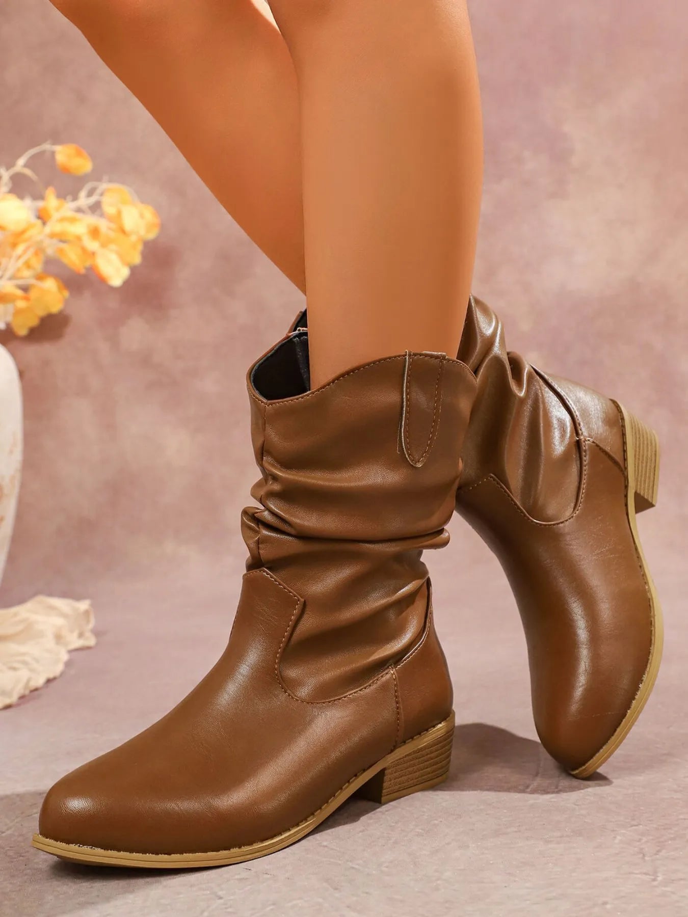 Mid-Calf Western Boots with Block Heels 